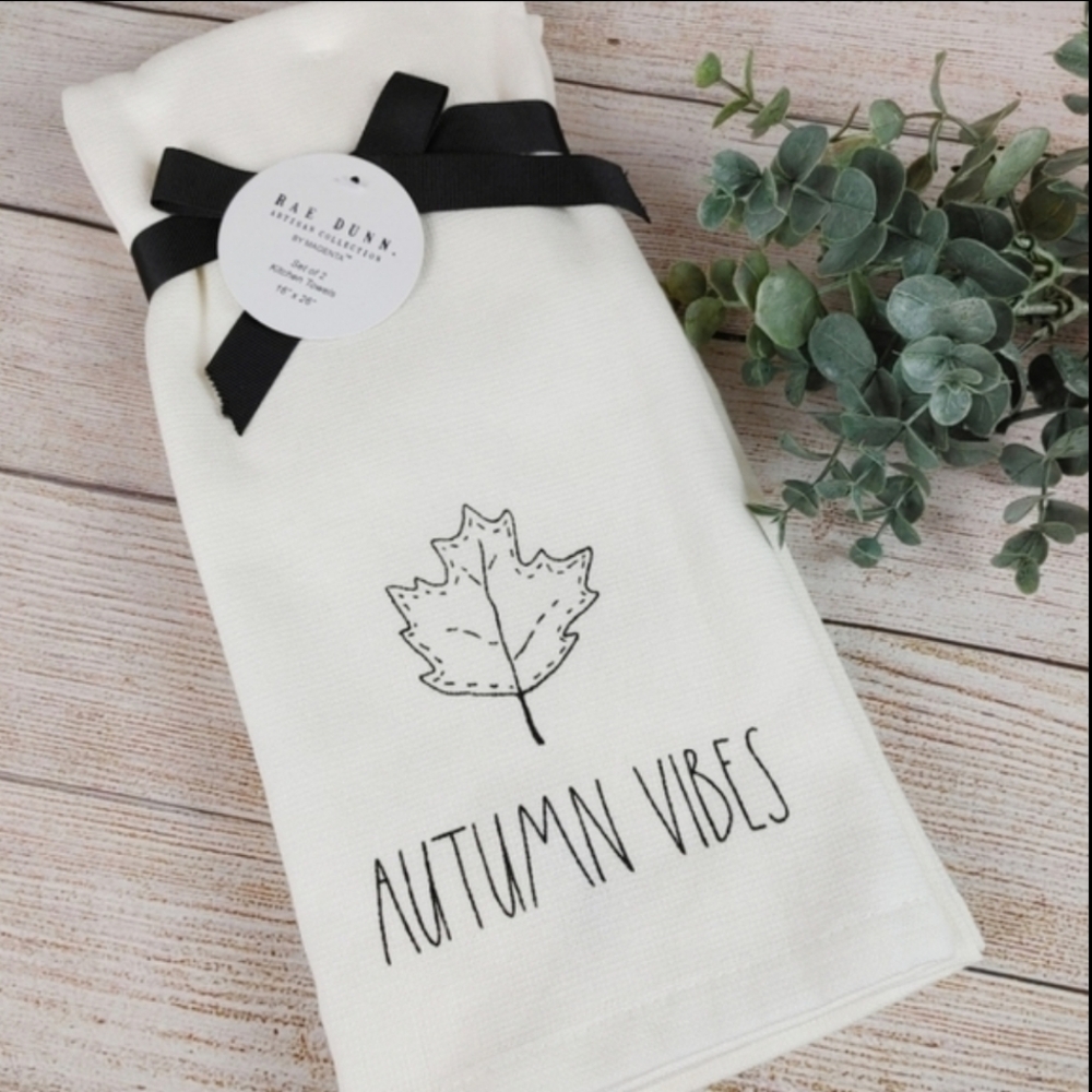 Rae Dunn White Autumn Vibes Leaf Tea Towel